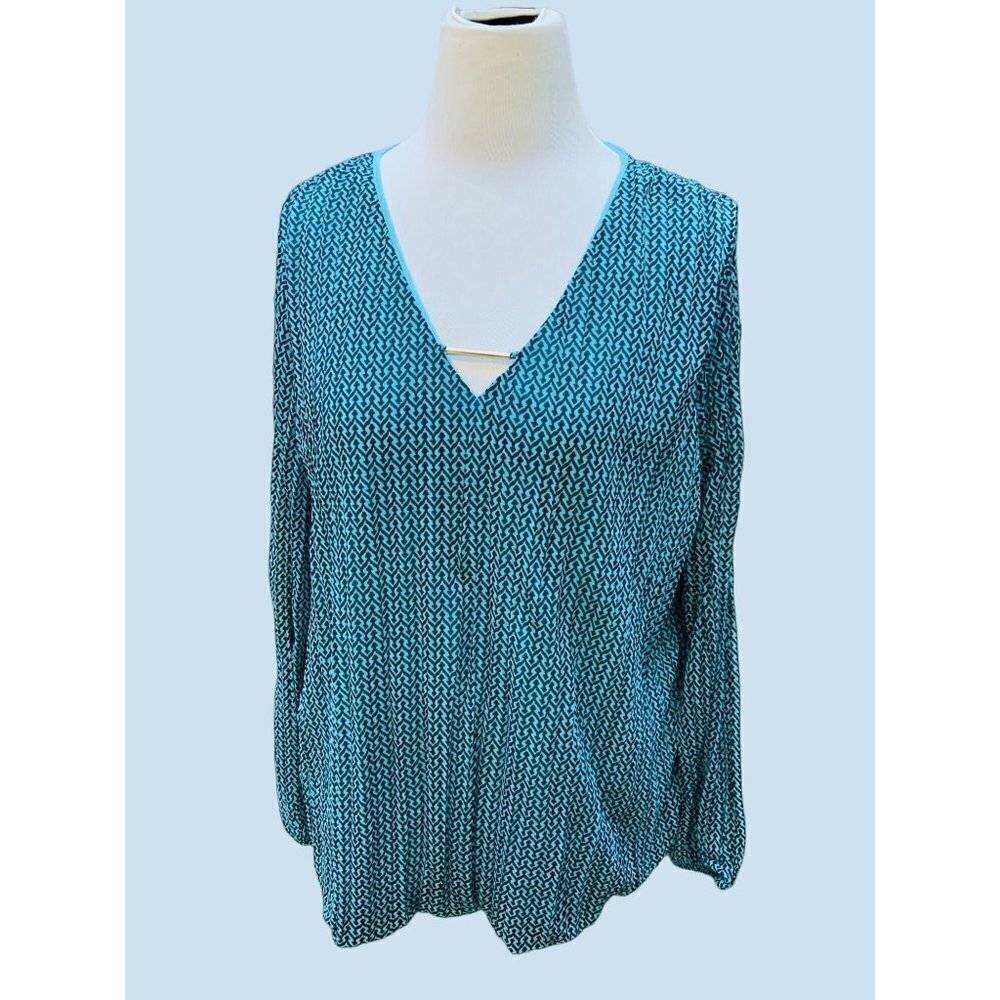 DANA BUCHMAN LADIES TURQUOISE BLACK LONG SLEEVE VNECK LINED PULLOVER TOP XL